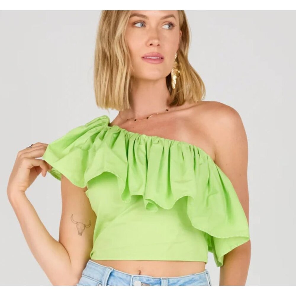 Vestique Cropped One Shoulder Top Womens M Green Ruffle Beachy‎ Resort Vaca